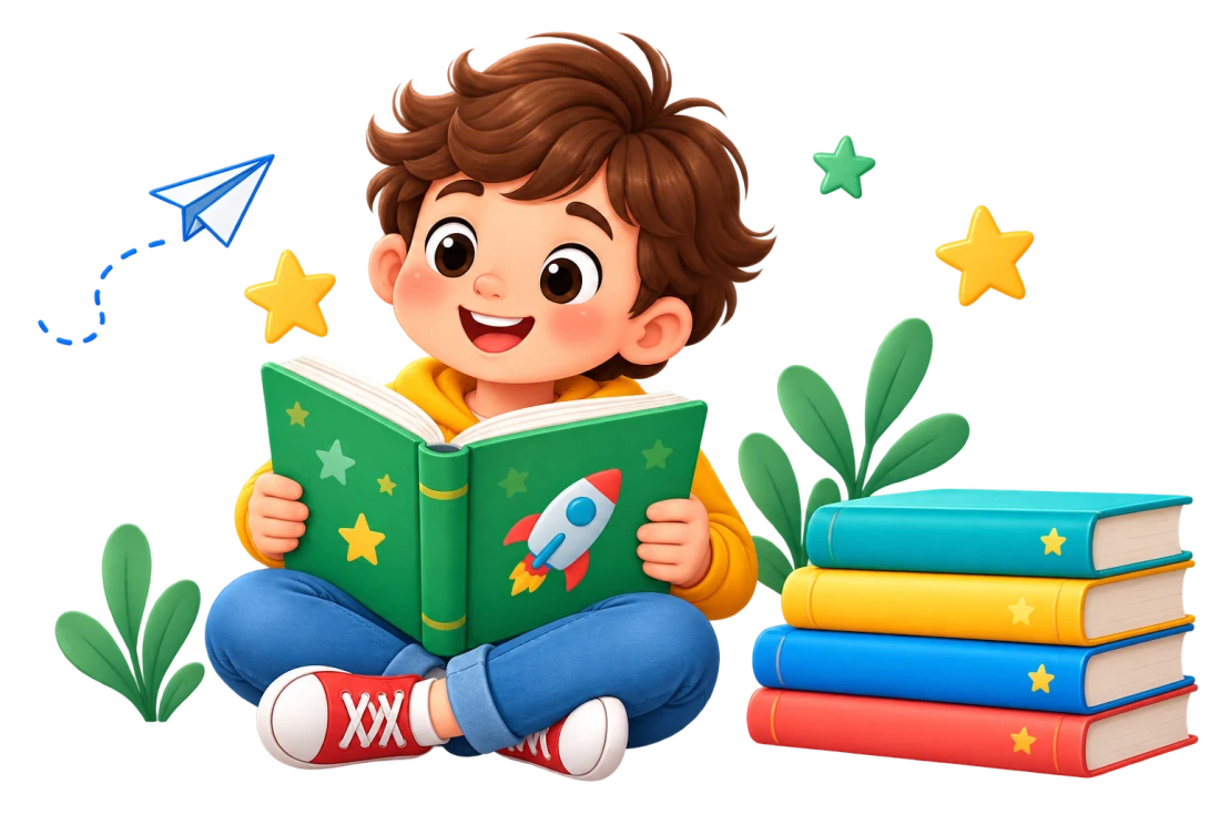 A cheerful boy reading a green book beside a stack of colorful books